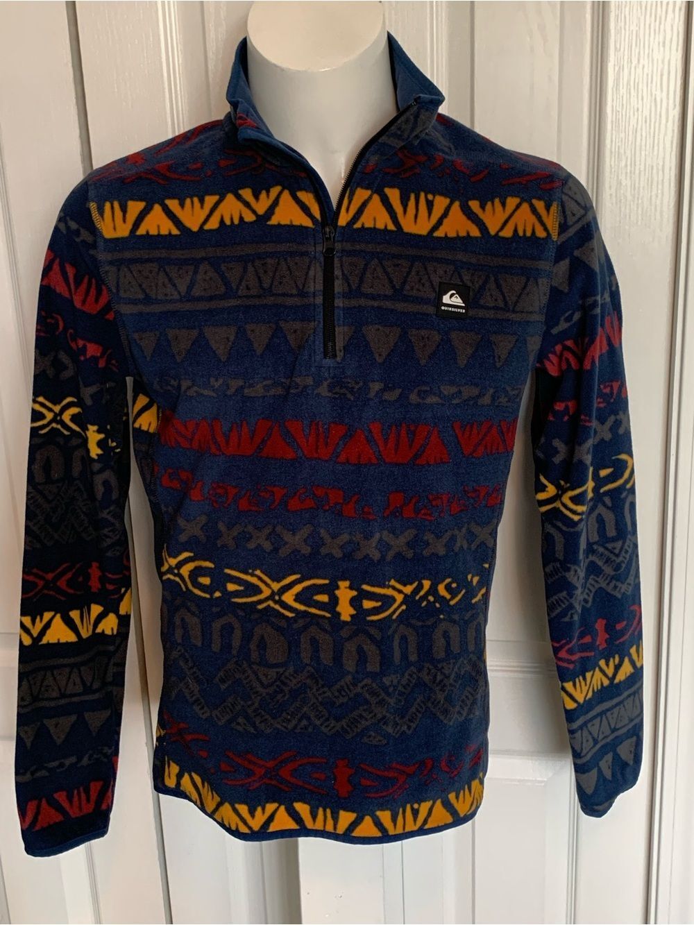 Quiksilver Men's Navy Zip-Up Sweater with Red & Yellow Geometric Stripes - Picture 3 of 8